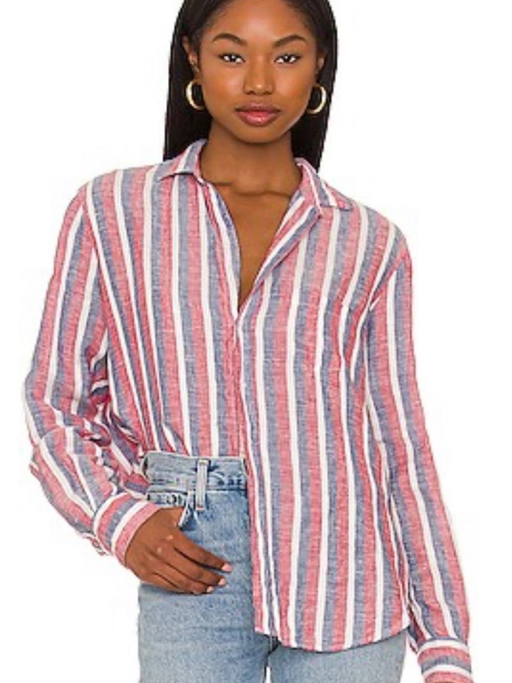 Frank & Eileen Italian Linen Striped Americana Relaxed Fit Button Down Top